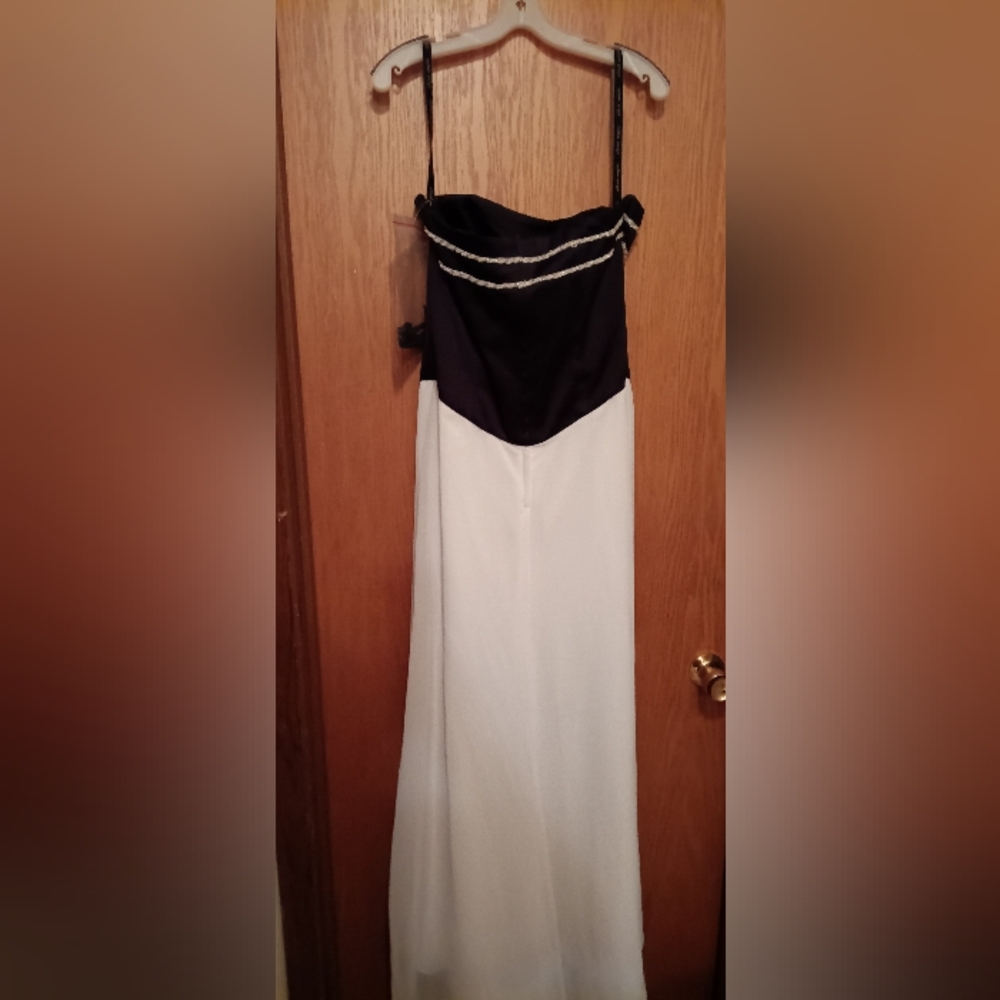 David's Bridal Black and White Strapless Gown for Prom